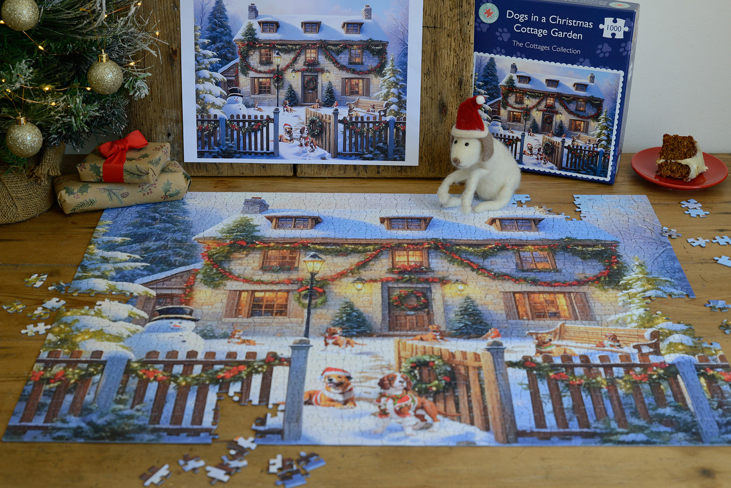 Dogs in a Christmas Cottage Garden 1000 or 500  Piece Jigsaw Puzzle